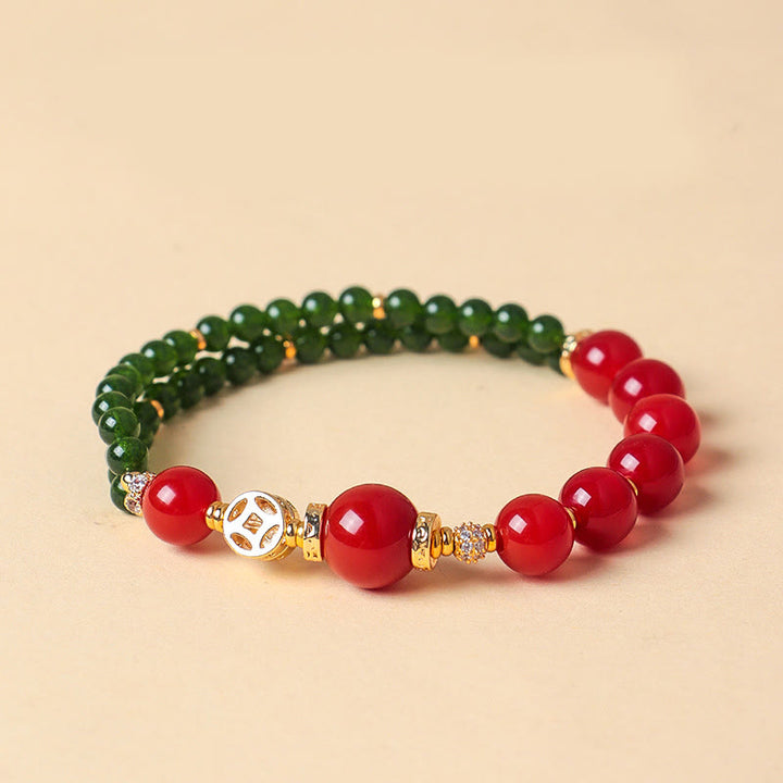 Bransoletka z naturalnego czerwonego agatu Buddha Stones z podwójnym owinięciem i zielonym chalcedonem - image 2