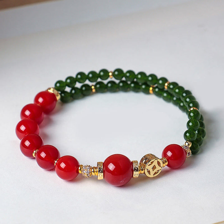 Bransoletka z naturalnego czerwonego agatu Buddha Stones z podwójnym owinięciem i zielonym chalcedonem - image 5
