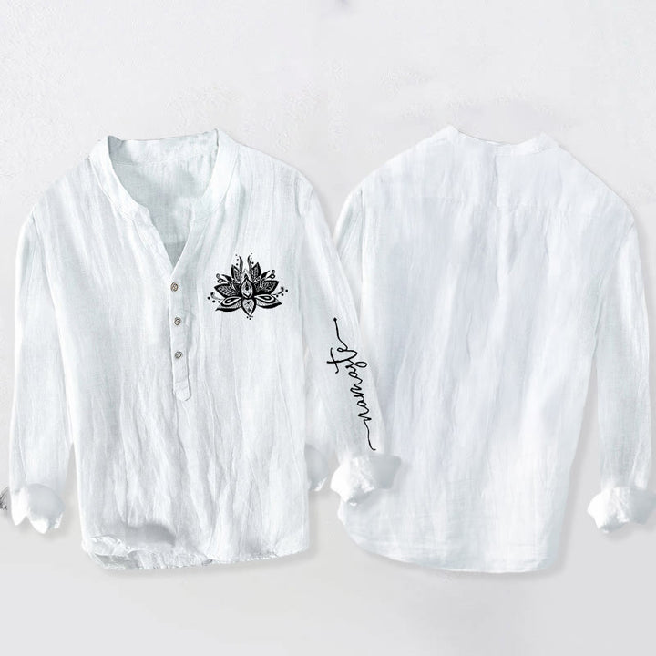 Koszula męska z długim rękawem z bawełny i lnu z motywem kamieni Buddha Stones, zapinana na pół guziki - image 8