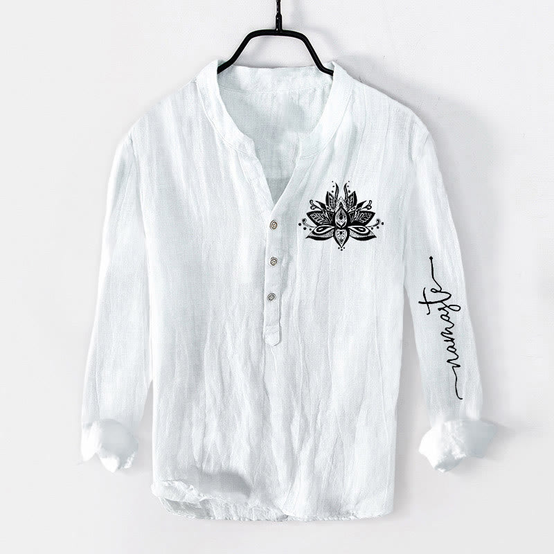 Koszula męska z długim rękawem z bawełny i lnu z motywem kamieni Buddha Stones, zapinana na pół guziki - Biały - US/UK/AU50, EU60 (5XL) - image 6