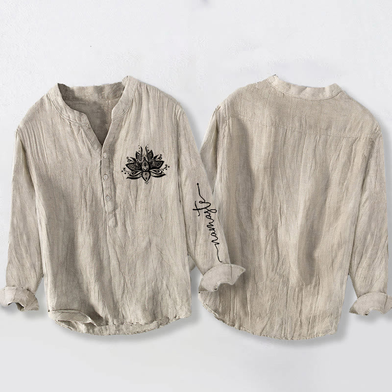 Koszula męska z długim rękawem z bawełny i lnu z motywem kamieni Buddha Stones, zapinana na pół guziki - image 2