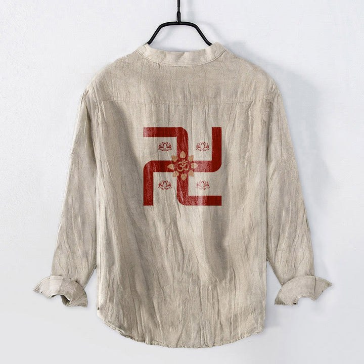 Koszula męska z długim rękawem z bawełny i lnu, z motywem lotosu i swastyki, z Buddha Stones i symbolem Om - image 2
