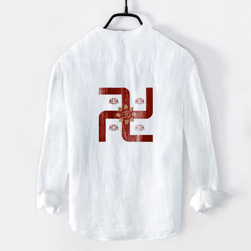 Koszula męska z długim rękawem z bawełny i lnu, z motywem lotosu i swastyki, z Buddha Stones i symbolem Om - image 8