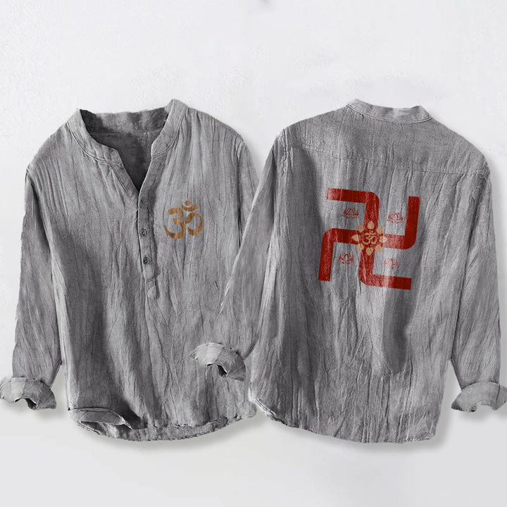 Koszula męska z długim rękawem z bawełny i lnu, z motywem lotosu i swastyki, z Buddha Stones i symbolem Om - Szary - US/UK/AU50, EU60 (5XL) - image 3