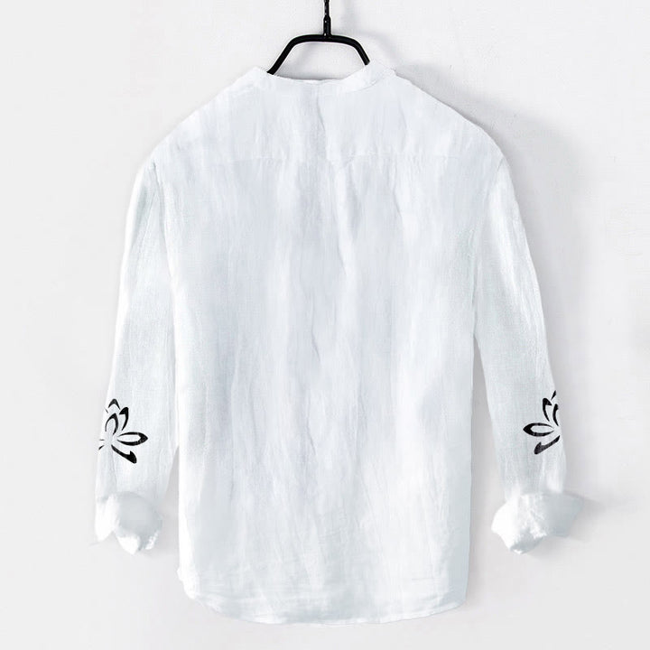 Koszula męska z długim rękawem z bawełny i lnu z nadrukiem w kształcie Buddha Stones na pół guziki, z symbolem lotosu Om - image 7