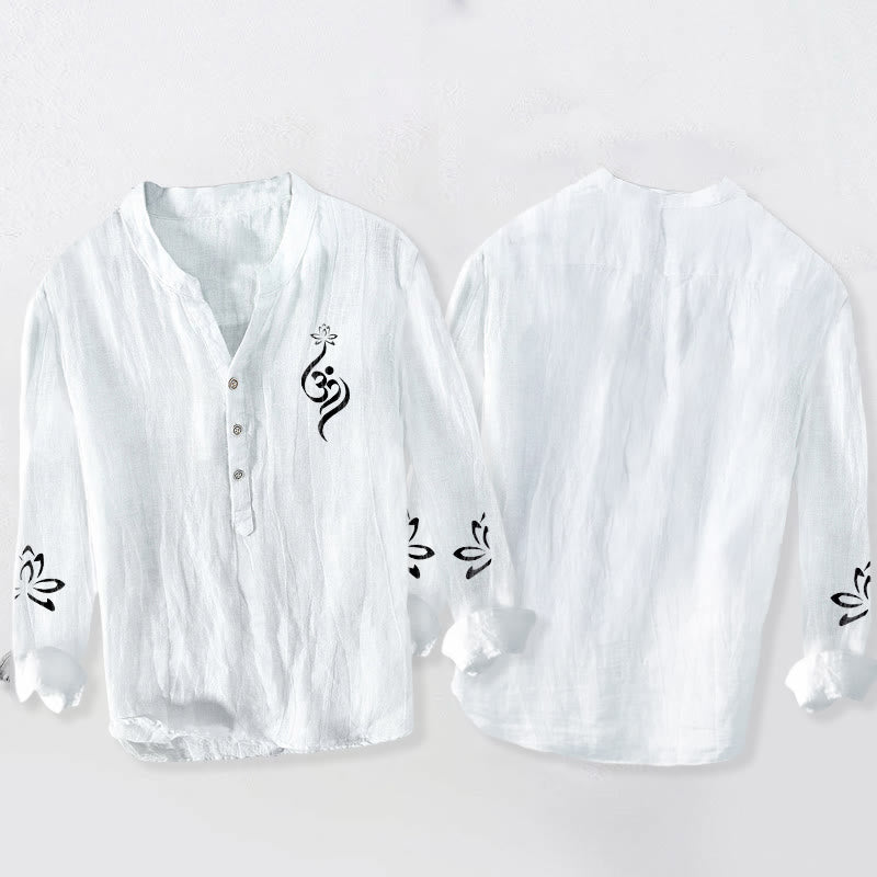 Koszula męska z długim rękawem z bawełny i lnu z nadrukiem w kształcie Buddha Stones na pół guziki, z symbolem lotosu Om - image 8