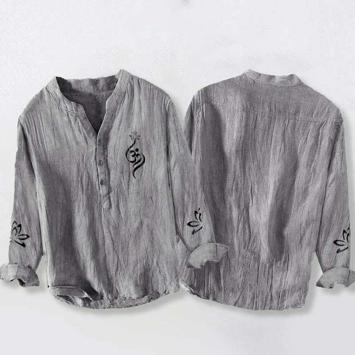 Koszula męska z długim rękawem z bawełny i lnu z nadrukiem w kształcie Buddha Stones na pół guziki, z symbolem lotosu Om - image 2