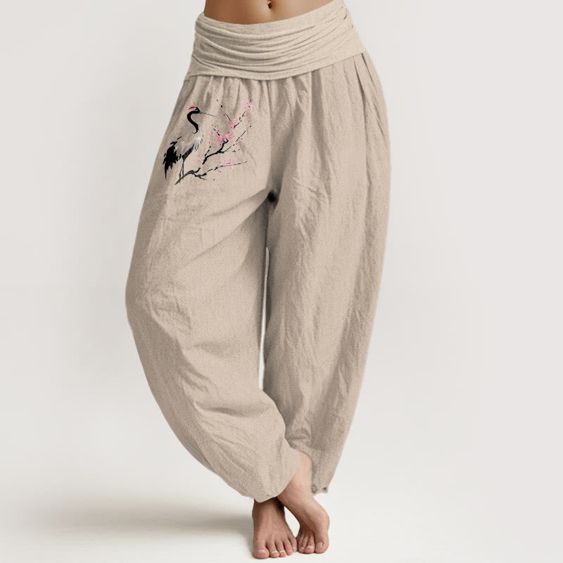 Spodnie damskie z elastyczną talią i wzorem "Harem" z Buddha Stones i kwitnącymi gałęziami żurawia - Dębnik - US22, UK/AU26, EU54 (6XL) - image 11