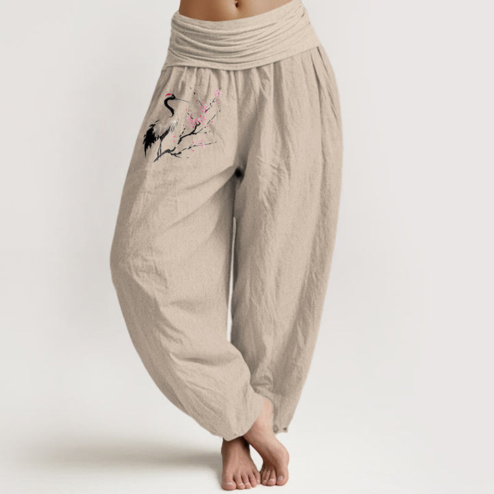 Spodnie damskie z elastyczną talią i wzorem "Harem" z Buddha Stones i kwitnącymi gałęziami żurawia - Dębnik - US22, UK/AU26, EU54 (6XL) - image 11