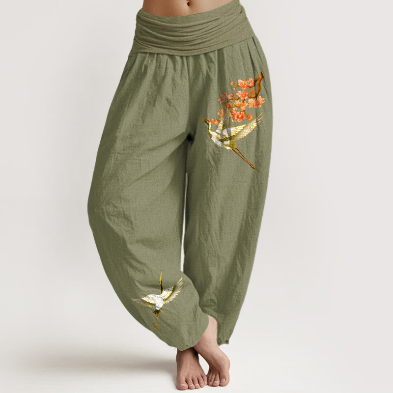 Spodnie damskie haremowe z elastycznej talii z motywem kwiatów brzoskwini i Buddha Stones z czystej bawełny - Oliwkowy - US22, UK/AU26, EU54 (6XL) - image 14