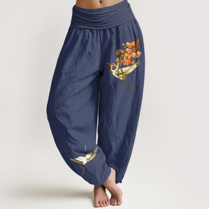 Spodnie damskie haremowe z elastycznej talii z motywem kwiatów brzoskwini i Buddha Stones z czystej bawełny - DarkSlateBlue - US22, UK/AU26, EU54 (6XL) - image 5