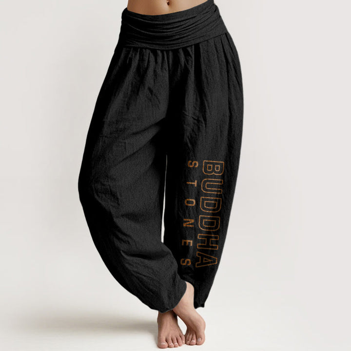 Spodnie haremowe damskie z elastyczną talią i napisem „ Buddha Stones Buddha Stones ” w jednolitym kolorze z czystej bawełny - Czarny - US22, UK/AU26, EU54 (6XL) - image 5