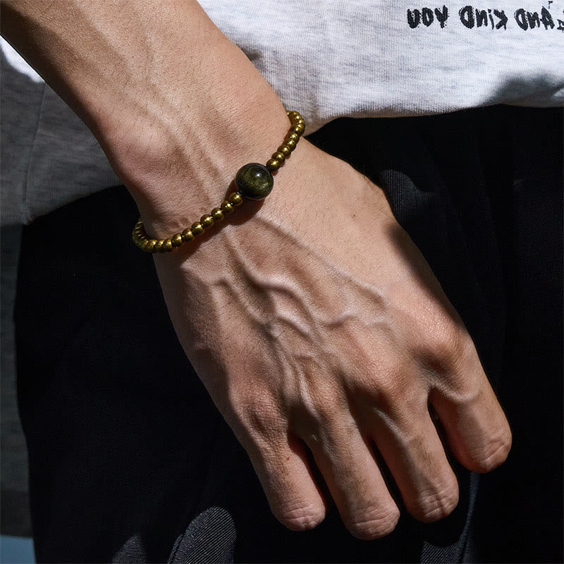 Bransoletka z Buddha Stones , platerowana miedź, mosiądz, złoty połysk, obsydian, ochrona bogactwa - image 2