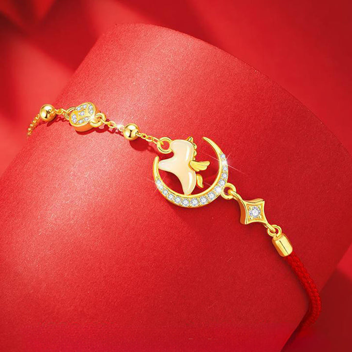 Bransoletka z czerwonego sznurka z cyrkonii i Buddha Stones z jadeitu Hetian, Rok Konia, srebro próby 925 - image 2