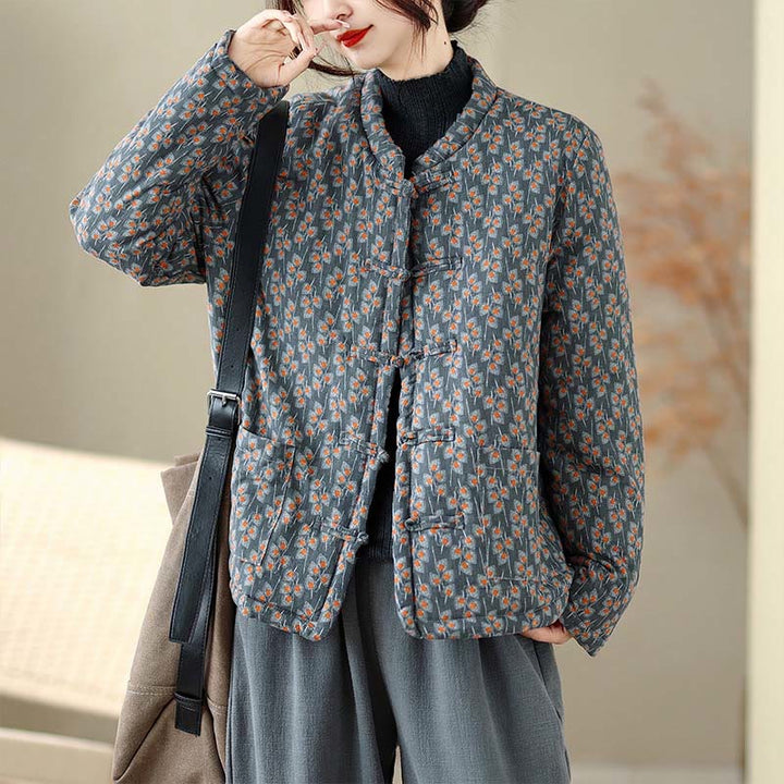 Kurtka damska zimowa z długim rękawem i kieszeniami, z grubej bawełny, z motywem żaby i kwiatowym Buddha Stones " - image 5