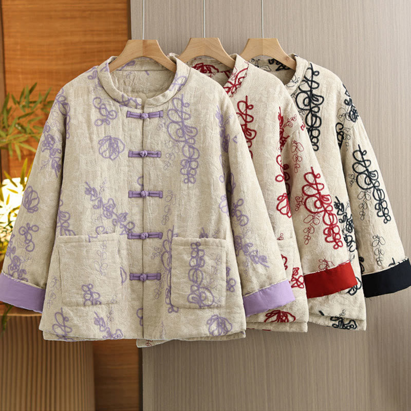 Kurtka zimowa damska Buddha Stones z długim rękawem, kołnierzem stójką i guzikami typu żaba, z bawełnianą podszewką i kieszeniami - image 26