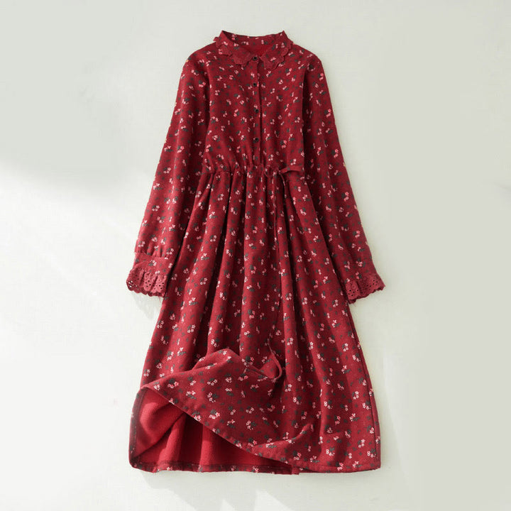 Sukienka midi z koronką i kwiatowym wzorem "Buddha Stones" z długim rękawem i kieszeniami, wykonana z materiału sztruksowego - Cegła ogniotrwała - US8-10,UK/AU12-14,EU40-42 (2XL) - image 0