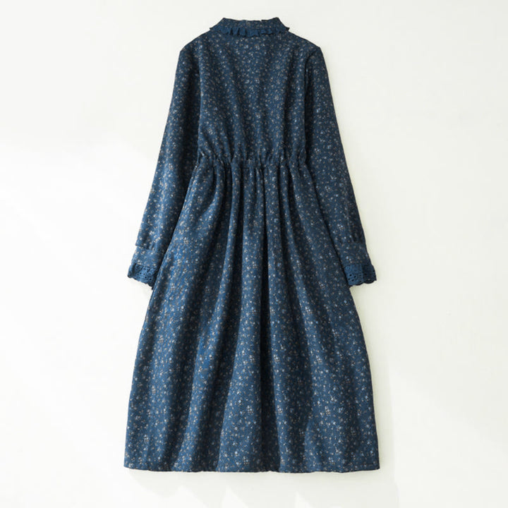 Sukienka midi z koronką i kwiatowym wzorem "Buddha Stones" z długim rękawem i kieszeniami, wykonana z materiału sztruksowego - image 9