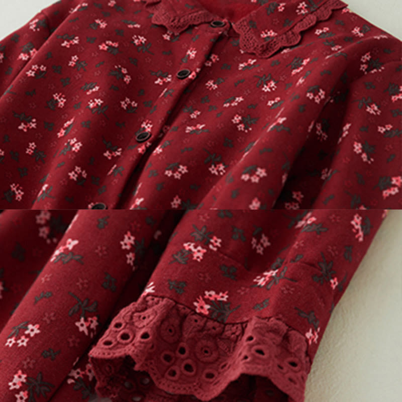 Sukienka midi z koronką i kwiatowym wzorem "Buddha Stones" z długim rękawem i kieszeniami, wykonana z materiału sztruksowego - image 4