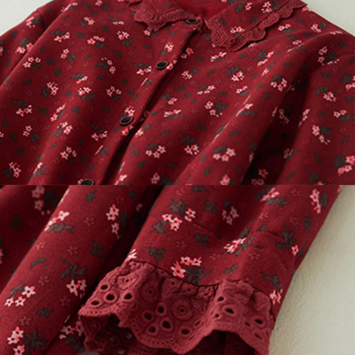 Sukienka midi z koronką i kwiatowym wzorem "Buddha Stones" z długim rękawem i kieszeniami, wykonana z materiału sztruksowego - image 4