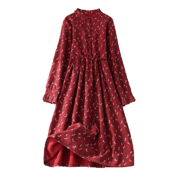 Sukienka midi z koronką i kwiatowym wzorem "Buddha Stones" z długim rękawem i kieszeniami, wykonana z materiału sztruksowego - image 2