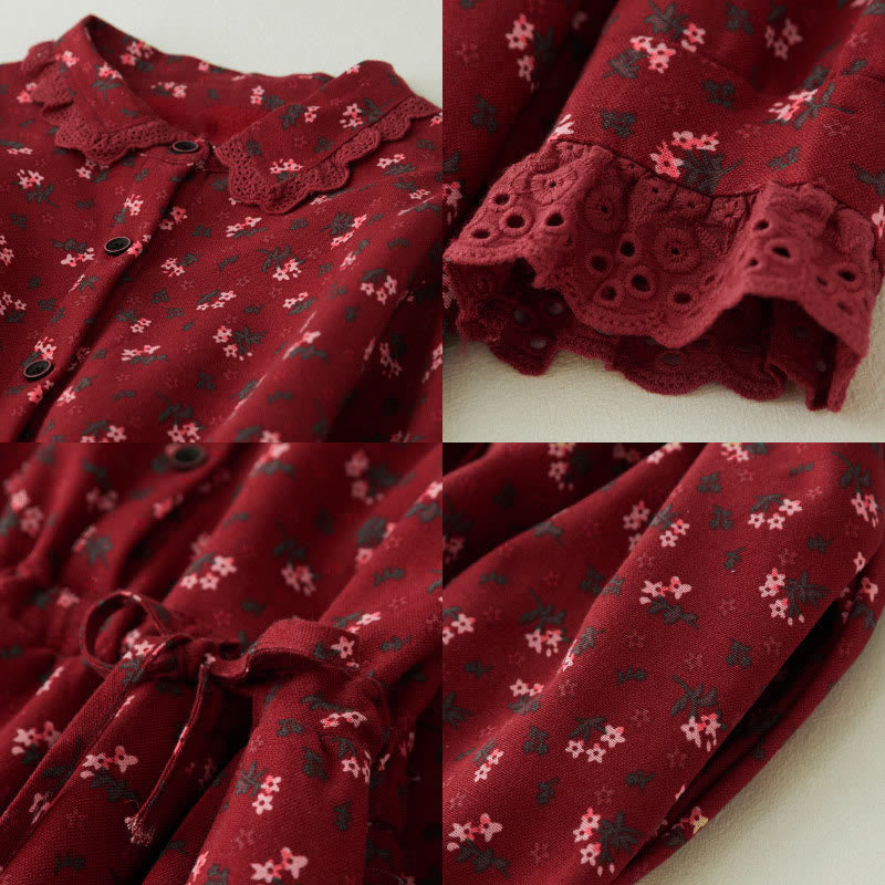 Sukienka midi z koronką i kwiatowym wzorem "Buddha Stones" z długim rękawem i kieszeniami, wykonana z materiału sztruksowego - image 7