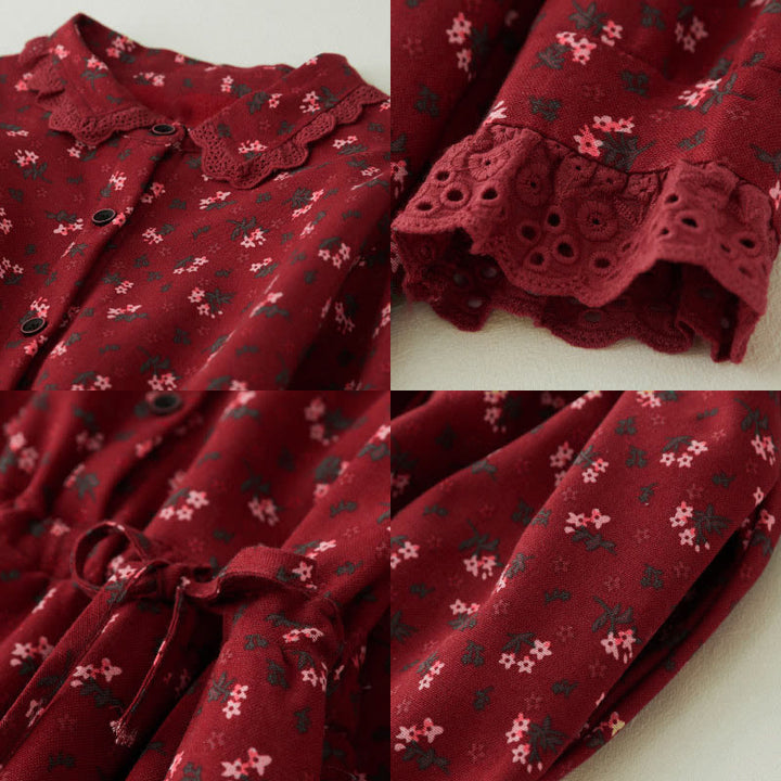 Sukienka midi z koronką i kwiatowym wzorem "Buddha Stones" z długim rękawem i kieszeniami, wykonana z materiału sztruksowego - image 7