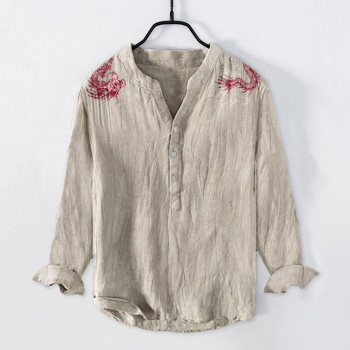 Koszula męska z długim rękawem z bawełny i lnu z motywem czerwonych smoków i Buddha Stones - Bielizna - US/UK/AU50, EU60 (5XL) - image 6