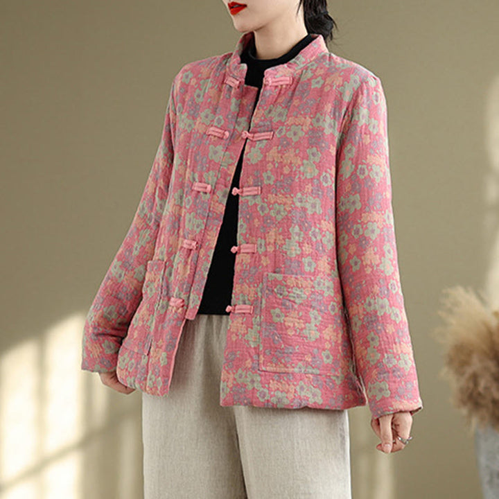 Kurtka zimowa damska z długim rękawem i kieszeniami, gruba bawełna z motywem kwiatowym, z motywem Buddha Stones - image 12