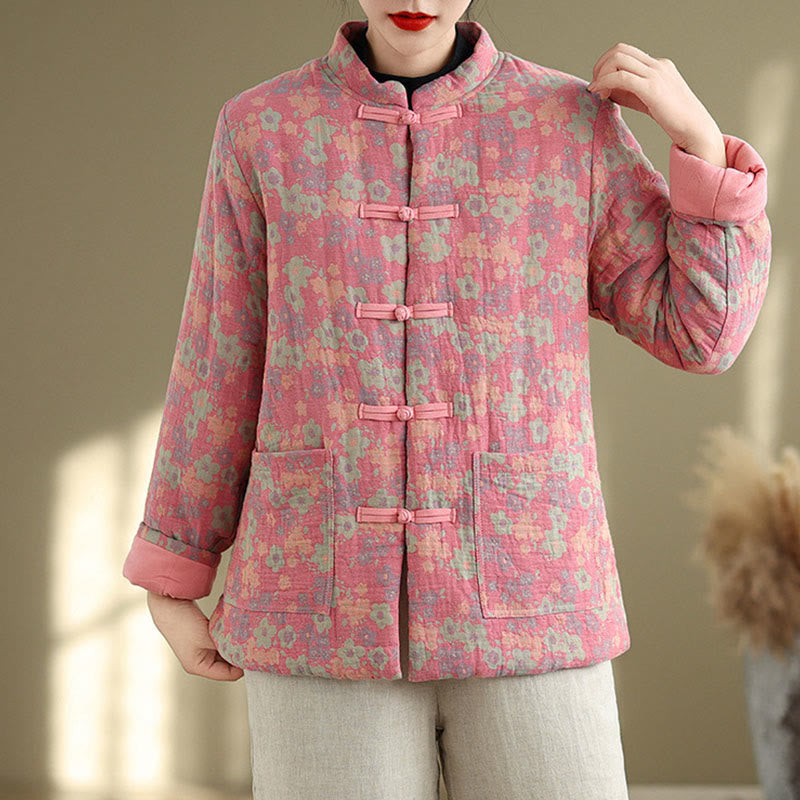 Kurtka zimowa damska z długim rękawem i kieszeniami, gruba bawełna z motywem kwiatowym, z motywem Buddha Stones - image 10