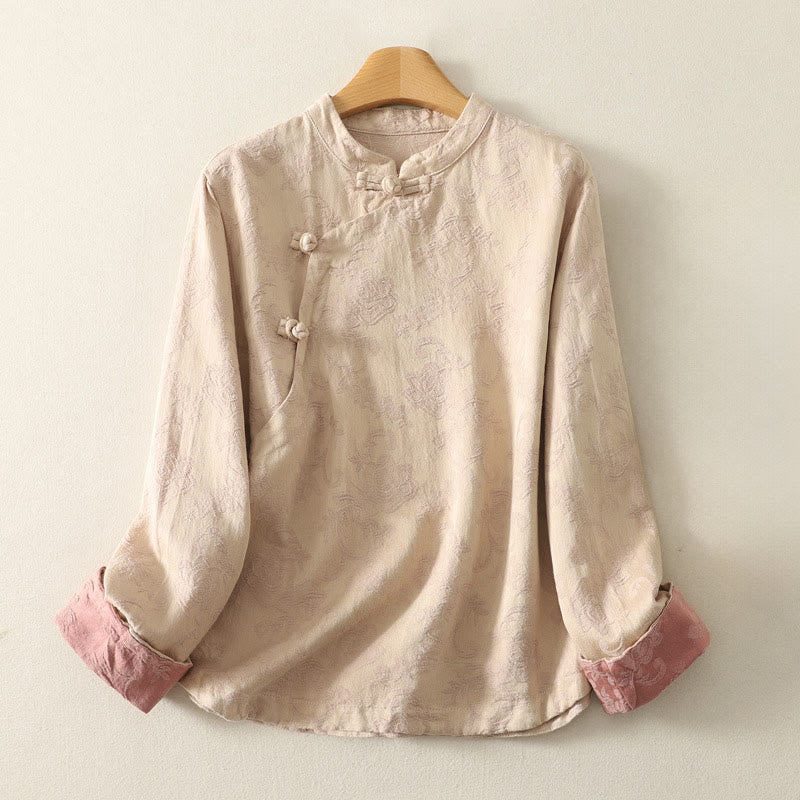 Koszula damska z długim rękawem z bawełny Zen w stylu „Buddha Stones Spring” z gładkim wzorem żakardowym - Blanszowany migdał - US8-10,UK/AU12-14,EU40-42 (2XL) - image 5