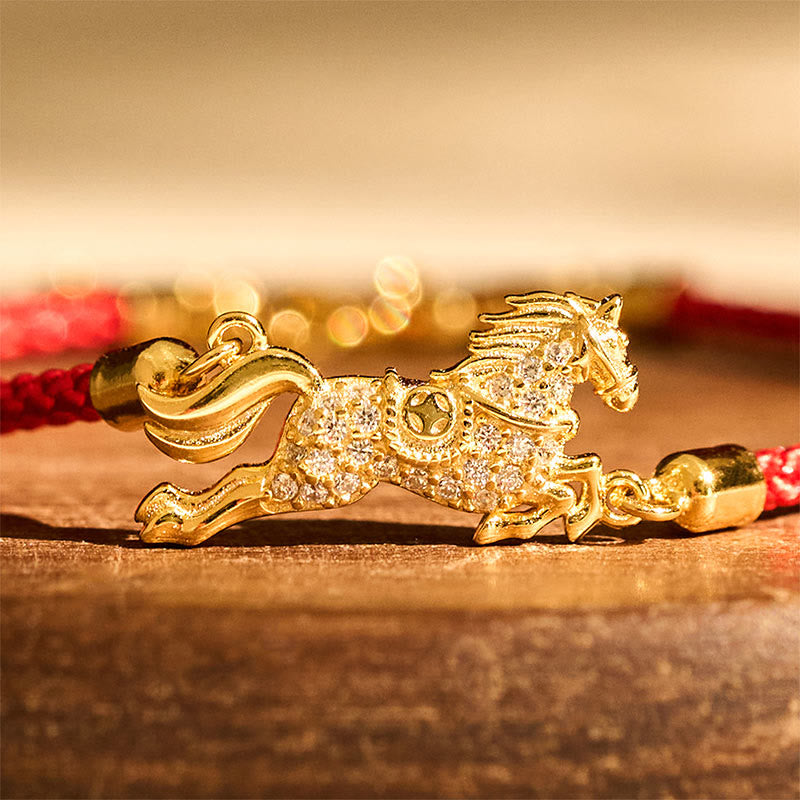 Bransoletka z Buddha Stones, chiński znak zodiaku, rok konia, srebro próby 925, złoty czerwony sznurek, przynoszący szczęście - image 3