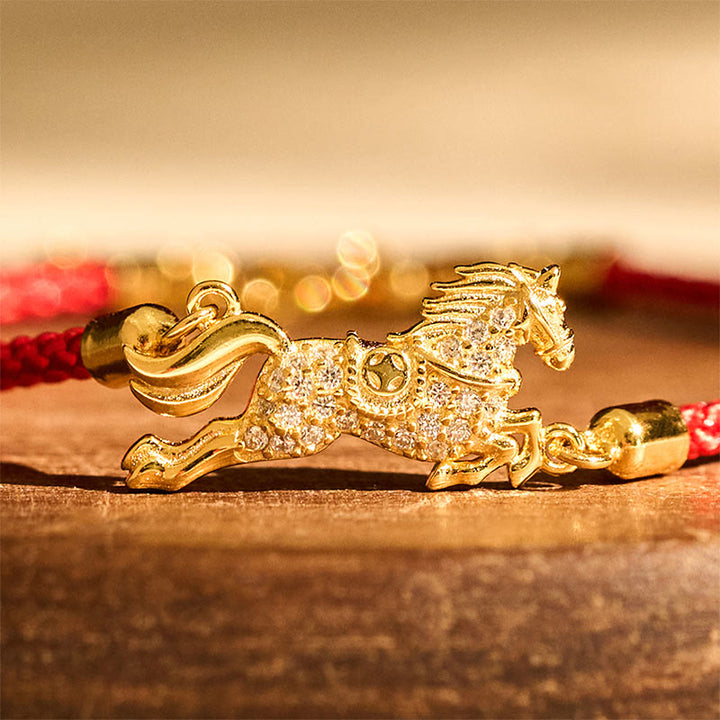 Bransoletka z Buddha Stones, chiński znak zodiaku, rok konia, srebro próby 925, złoty czerwony sznurek, przynoszący szczęście - image 3