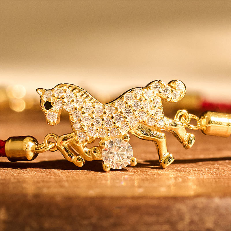 Bransoletka z Buddha Stones ze srebra próby 925, złota, Rok Konia, czerwony sznurek, regulowana, z napisem "Szczęście" - image 3