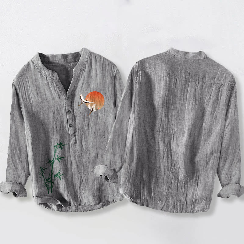 Koszula męska z długim rękawem z bawełny i lnu, z motywem Buddha Stones , żurawia słonecznego i liści bambusa, zapinana na pół guziki - image 5