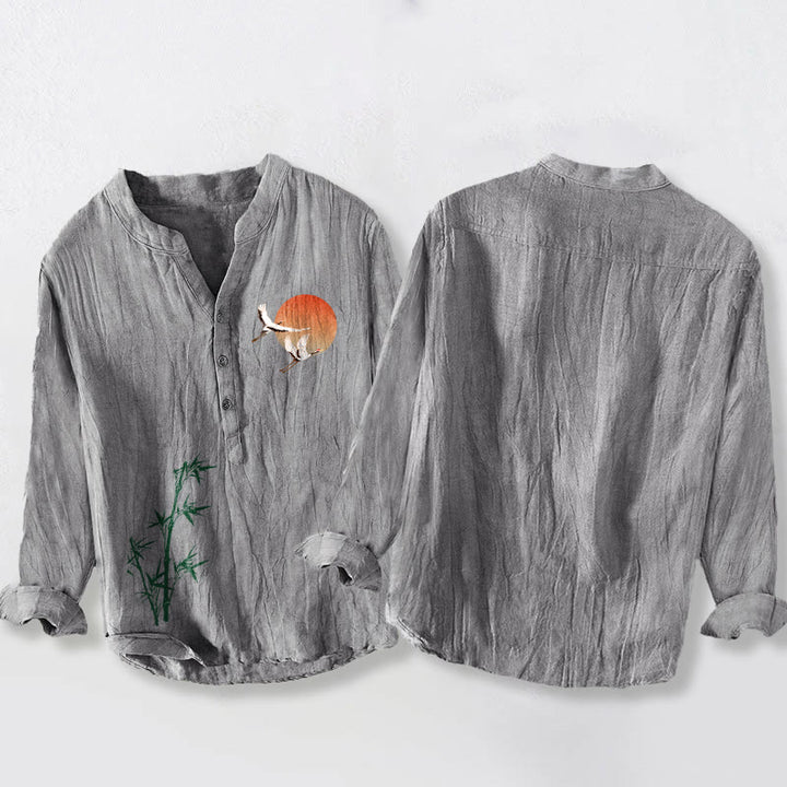 Koszula męska z długim rękawem z bawełny i lnu, z motywem Buddha Stones , żurawia słonecznego i liści bambusa, zapinana na pół guziki - image 5