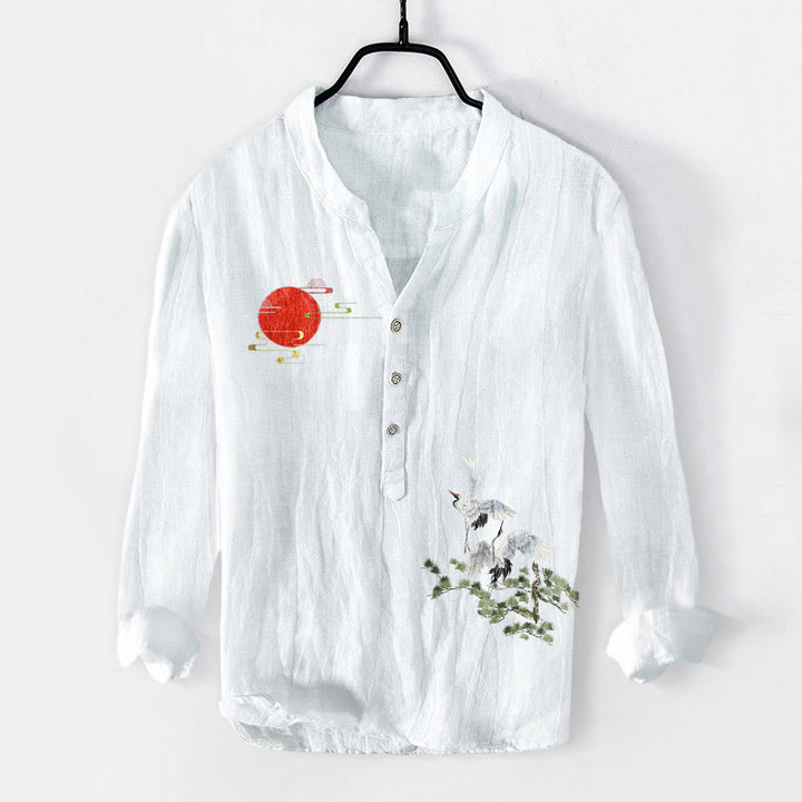 Koszula męska z długim rękawem z bawełny i lnu, z motywem drzew i żurawia słonecznego, zapinana na guziki, z Buddha Stones - Biały - US/UK/AU50, EU60 (5XL) - image 3
