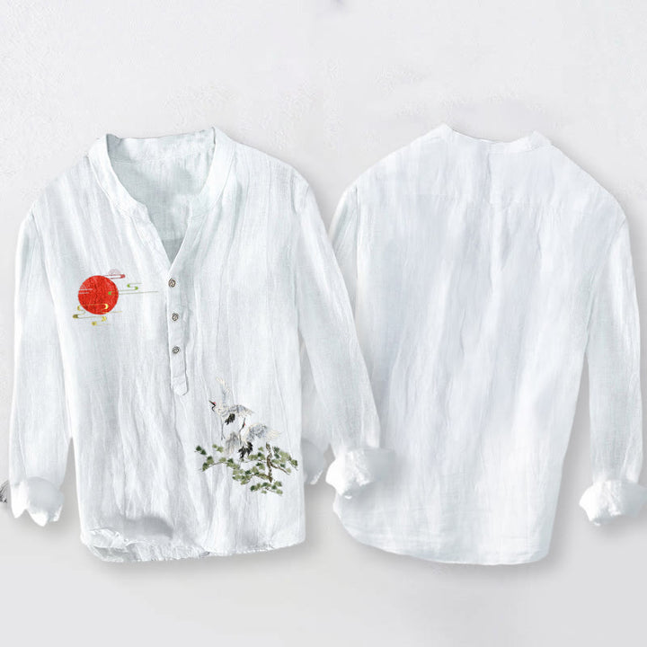 Koszula męska z długim rękawem z bawełny i lnu, z motywem drzew i żurawia słonecznego, zapinana na guziki, z Buddha Stones - image 5