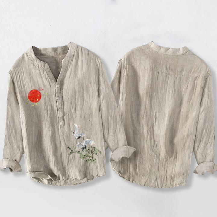 Koszula męska z długim rękawem z bawełny i lnu, z motywem drzew i żurawia słonecznego, zapinana na guziki, z Buddha Stones - image 8