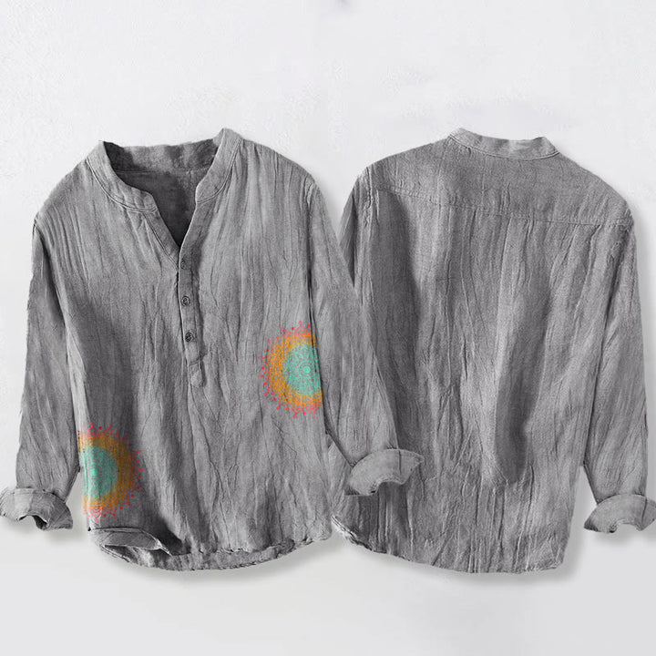 Koszula męska z długim rękawem z bawełny i lnu z kolorowym wzorem mandali i Buddha Stones - image 8