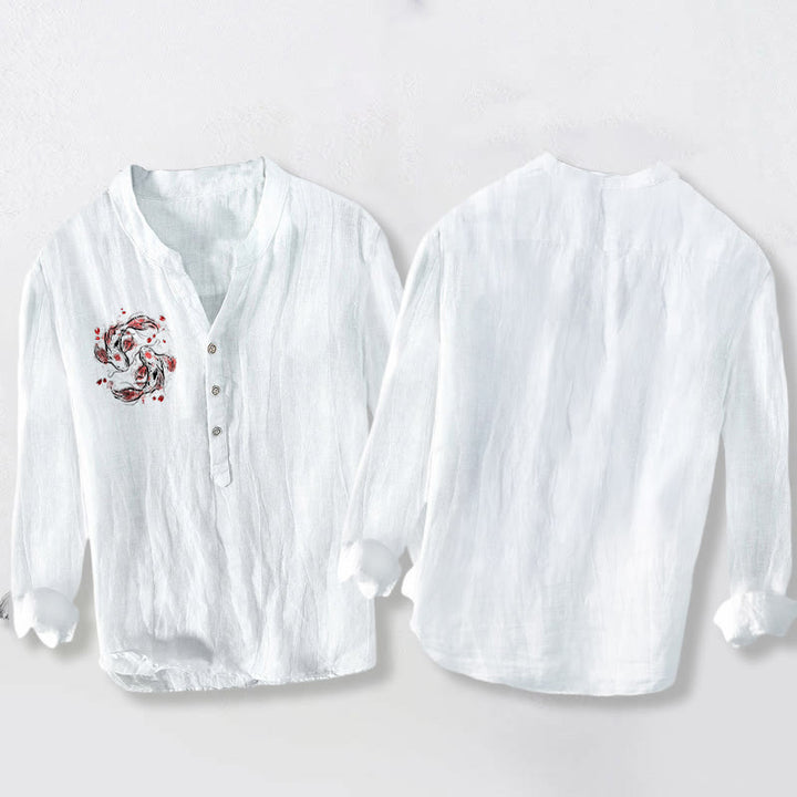 Koszula męska z długim rękawem z bawełny i lnu z motywem rybki koi i kamieni Buddha Stones ryby koi - image 8