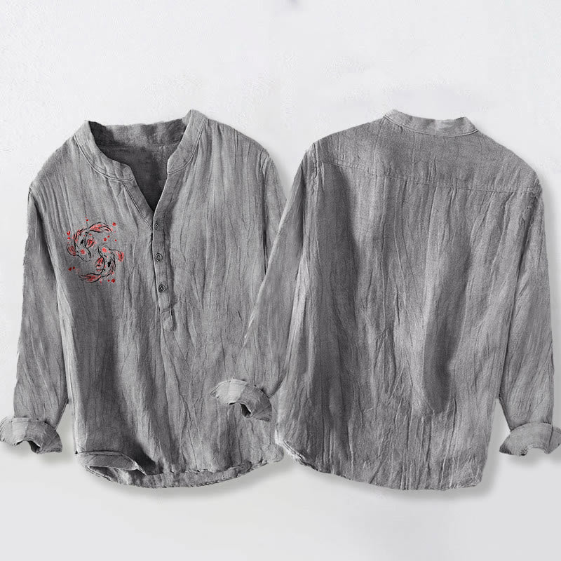 Koszula męska z długim rękawem z bawełny i lnu z motywem rybki koi i kamieni Buddha Stones ryby koi - image 5