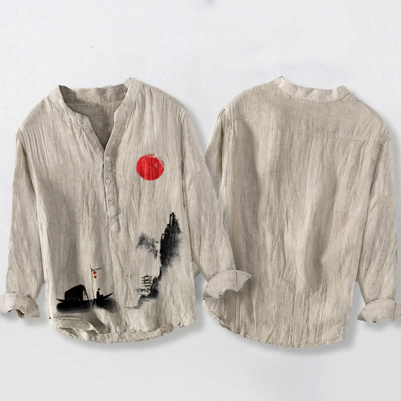 Koszula męska z długim rękawem z bawełny i lnu, z motywem łodzi rybackiej z Buddha Stones i czerwonym słońcem - image 8