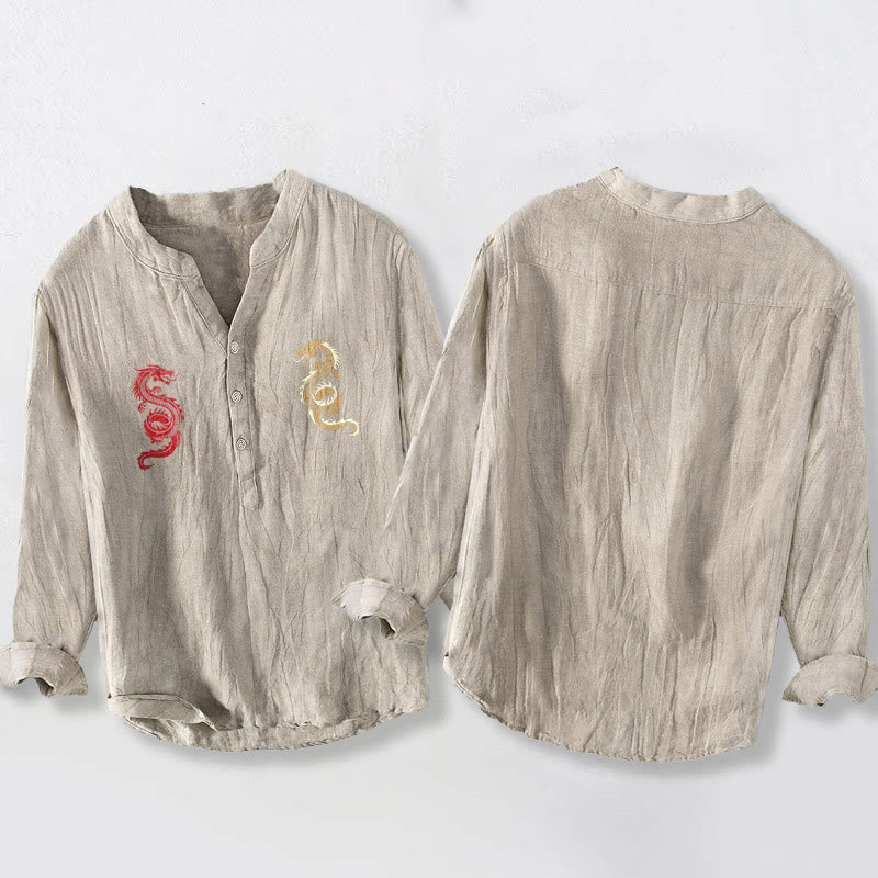 Koszula męska z długim rękawem z bawełny i lnu z motywem podwójnego smoka i Buddha Stones - image 8