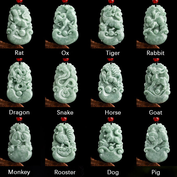 Buddha Stones Naturalny Zielony Jadeit 12 Chiński Zodiak Szczęście Dobrobyt Naszyjnik Wisiorek