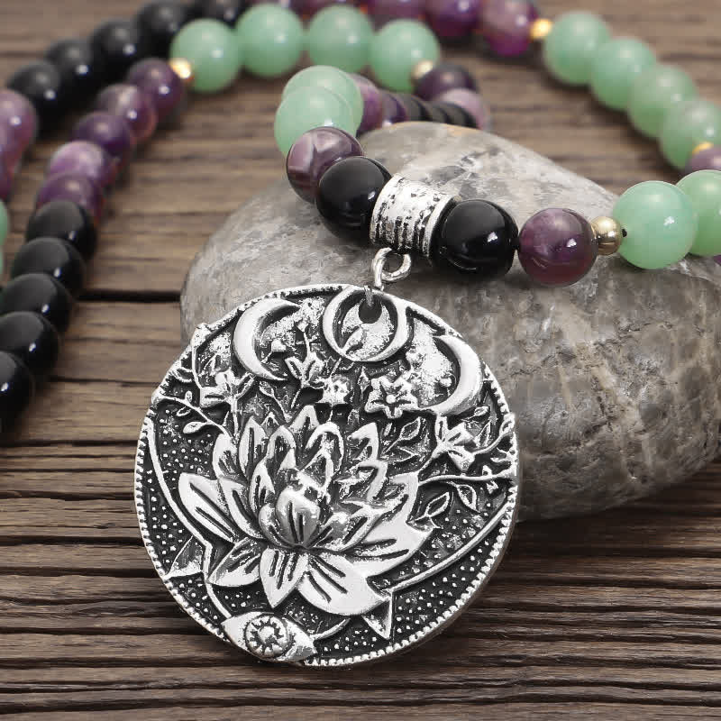 Buddha Stones 108 Mala Beads Ametyst Zielony Awenturyn Lotus Medytacyjna Bransoletka