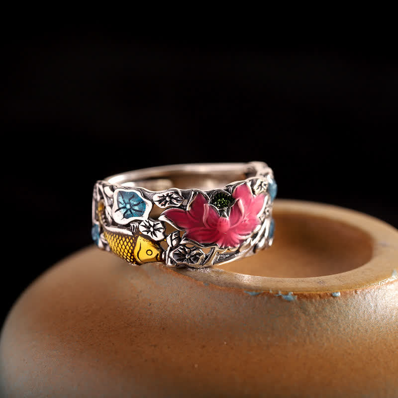 Pierścionek oświeceniowy Buddha Stones 925 Sterling Silver Lotus Koi Fish