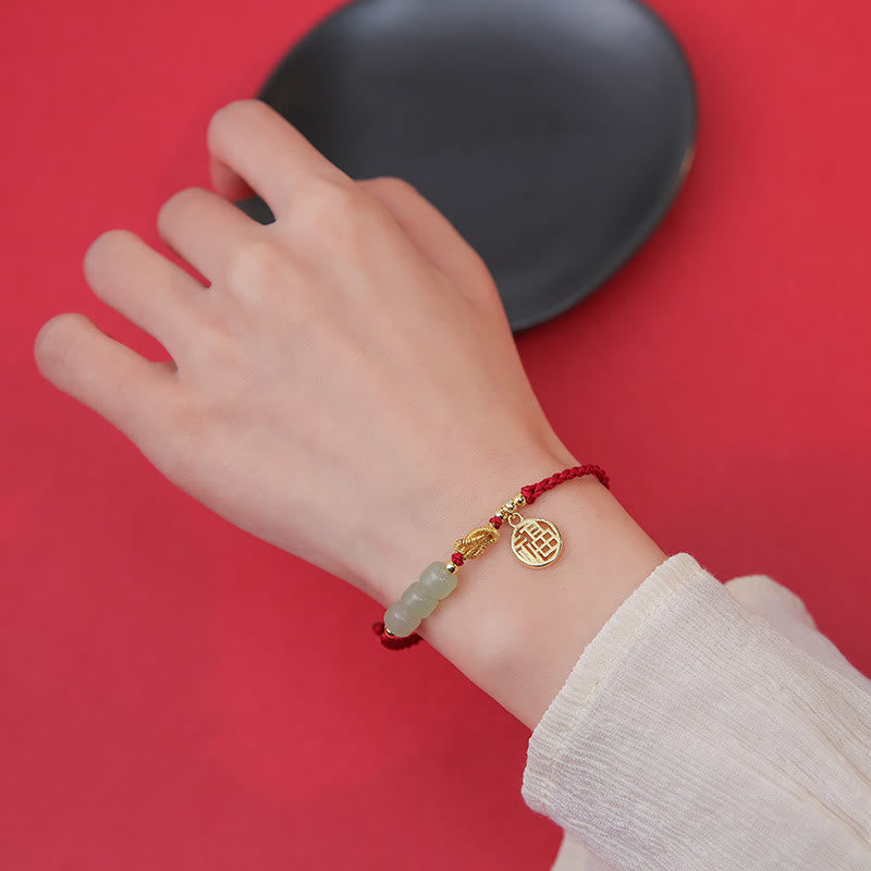 Buddha Stones ręcznie robione koraliki z jadeitu Fu Character Charm bransoletka z czerwoną liną