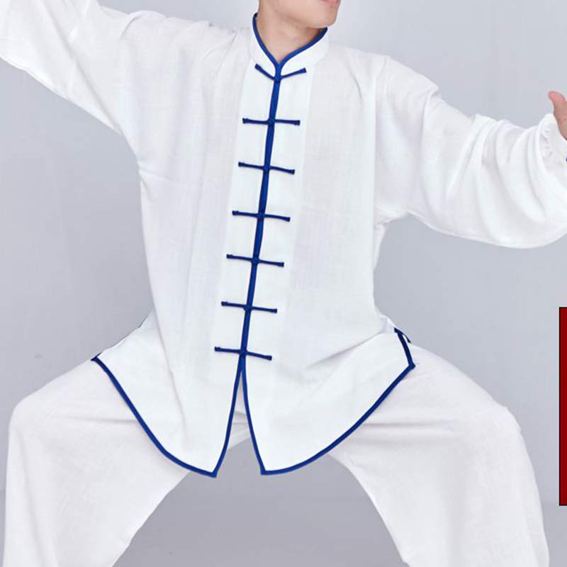 Buddha Stones Medytacja Zen Modlitwa Duchowa Tai Chi Qigong Praktyka Unisex Haft Odzież Zestaw - Biały + Niebieski Brzeg Długi Rękaw - US14, UK/AU18, EU46 (3XL) - image 10