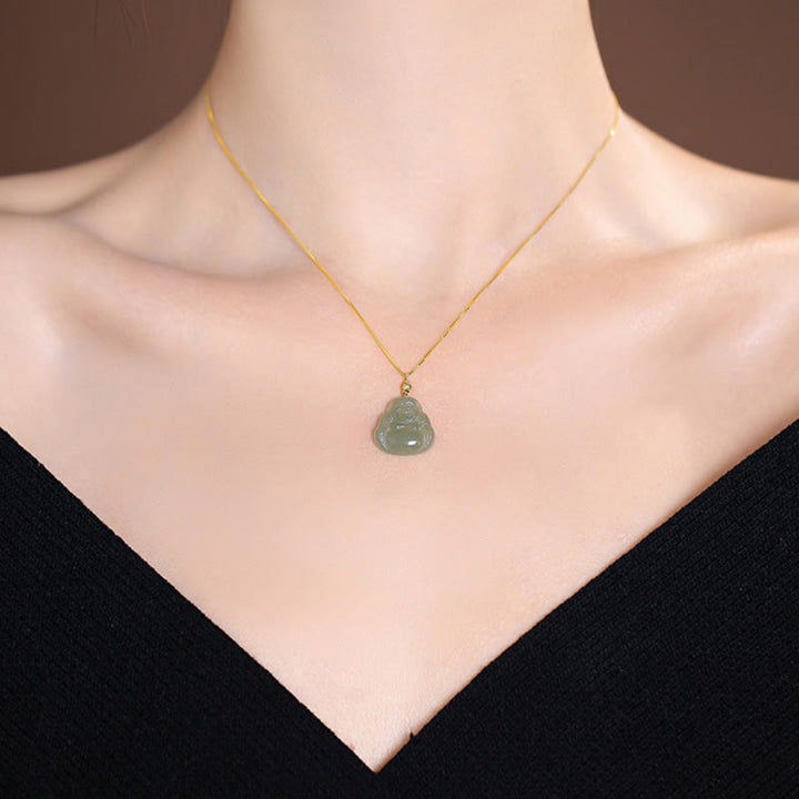 Buddha Stones 925 Srebro Sterling Naturalny Hetian Jade Cyan Jade Szczęście Śmiejący się Budda Motyl Naszyjnik Wisiorek - image 4